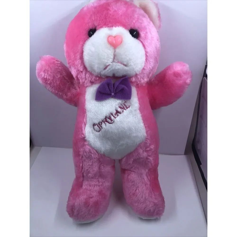 Vintage Pink white plush teddy bear Amusement Opryland Logo